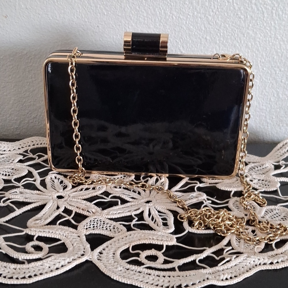 Sondra Roberts Lacquer Chain Clutch Box Black & Gold Box Clutch Eve